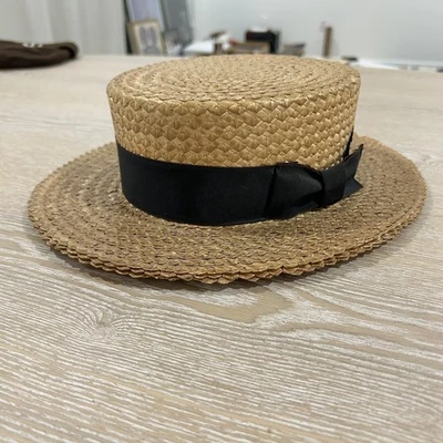  Antique Vtg 1920s Kimball Mens Boater Skimmer Stiff Straw Hat Black Ribbon Band - Image 1 of 4