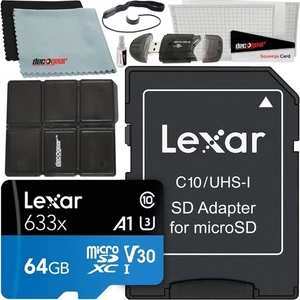 Lexar High-Performance 633x 64GB MicroSDHC UHS-I Memory Card + SD Adapter Bundle - Picture 1 of 7