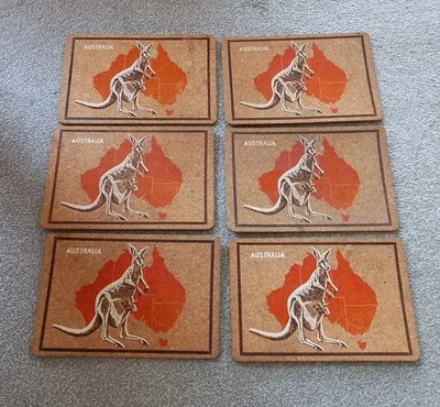 Vintage 80s Cork Placemats Set Of 6 Kangaroo Australia Design Rectangular B3 - Image 1 of 4