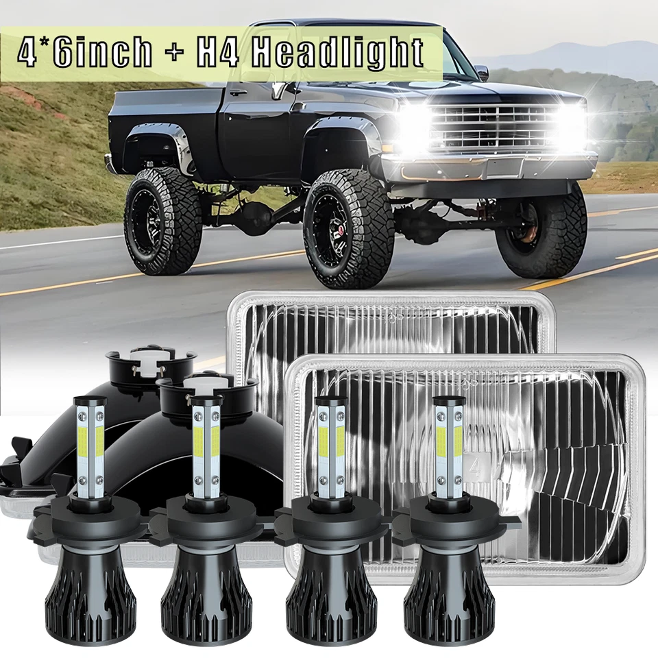 4pc 4x6" LED Headlight H4 Hi/Lo Beam H6451 H6456 For Chevy K10 K20 K30 82-92 - Image 1 of 4