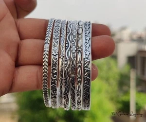 Set 7 Silver Bangles 925 Sterling Silver Handmade Women Bracelets All Size SH270 - Picture 1 of 9