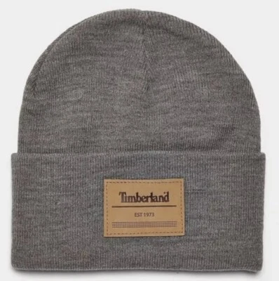 TIMBERLAND Est. Gorro de invierno 1973 Knit Beanie gris con parche de cuero ¡Nuevo con etiquetas! Foto 1 de 3
