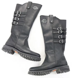 harley davidson womens black leather boots 8.5 riding zip pull buckles 15" knee - Picture 1 of 13