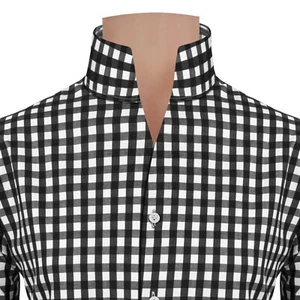 Camisa de algodón a cuadros blanca negra de cuello alto para hombre con cuello abierto conjunto de boda - Imagen 1 de 10