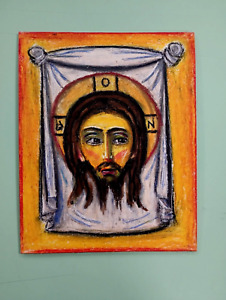 Original Oil Pastel Icon The Mandylion Image Of Edessa On Canvas Board