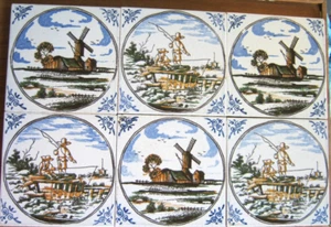 Six Dutch Tiles Windmills Boys Fishing Polychrome 5 1/4 - Picture 1 of 4