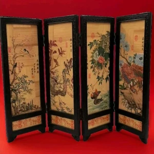Vtg Table Top 4 Panel Asian 2 Sided Floral/Bird Folding Screen Divider 9"× 14" - Picture 1 of 6