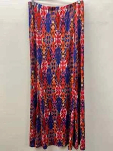 Susan Graver Women's Size LP Maxi Skirt Red Orange Blue Geometric Liquid Knit - Picture 1 of 3