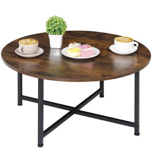 32" Round Coffee Table Industrial Cocktail Sofa Side Table with X-Base Metal Leg - Picture 1 of 12