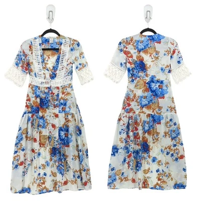 American Rag Women XS Dress White Blue Floral Lace Trim Tiered High Low Midi - Image 1 of 4