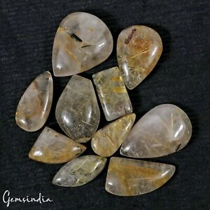 gemsindia 10 Pcs ~ Designer Natural Golden Rutilated Quartz Loose Cabochon Gems