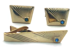 Antiguo juego de gemelos y barras de corbata decorativas de los años 50 azul sintético #P232 - Imagen 1 de 4