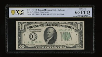 DBR 1934-D $10 St. Louis Gem Fr. 2009-H PCGS-B 66 PPQ Serial H15846707B - Image 1 of 2