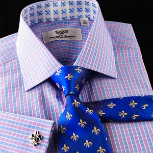 Elegant Purple Blue Check WIth Blue Fleur-De-Lis Dress Shirt Matching Cufflinks - Picture 1 of 11