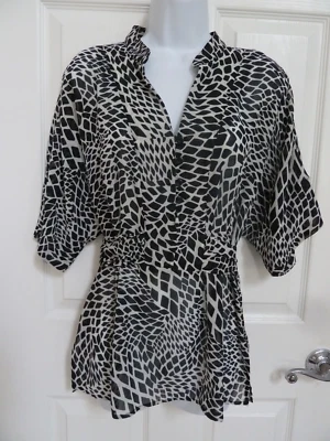 EMMA JAMES SZ 14 полупрозрачный блузка 1/2 кнопка галстук вокруг спины геометрический - Изображение 1 из 4