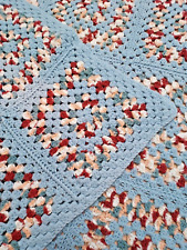 Vintage Handmade Crochet Afghan Blue & Variegated Throw 52" X 65" Granny Square