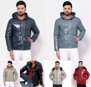 Mens Glossy Puffer Jacket Padded Hooded winter Spring Autumn Size S M L XL 2XL - Picture 1 of 22