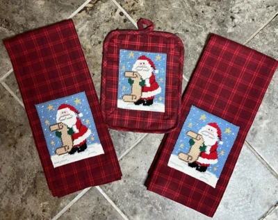 Cecil Saydah Juego de Cocina de Navidad de 3 piezas Punto de Cruz Papá Noel Porta Ollas Toallas Foto 1 de 4