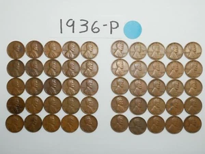 Rollo de centavos 1936-P fecha sólida = 50 centavos de trigo Lincoln (8+ artículos se envían gratis) - Imagen 1 de 6