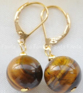 8-14mm Yellow Tigers Eye Round Gemstone Beads Golden Leverback Dangle Earrings - Picture 1 of 7