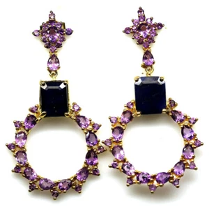 925 Sterling Silver Blue Sapphire & Purple Amethyst Earrings 18K Gold Plated - Picture 1 of 4