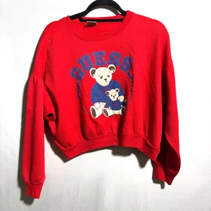 80s GUESS Georges Marciano Teddy Bears Red Sweatshirt Cropped USA Made VTG Prep - Picture 1 of 7