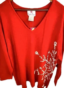 QUACKER FACTORY 3XL Holiday Red SWEATER  Pearl Rhinestone Snowflake XXXL NWT QVC - Picture 1 of 5