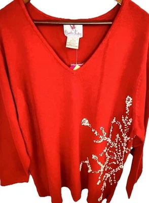 QUACKER FACTORY 3XL Holiday Red SWEATER  Pearl Rhinestone Snowflake XXXL NWT QVC - Image 1 of 4