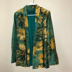 Peruvian Collection womens S green gold open front blazer wrap top dark floral - Picture 1 of 13
