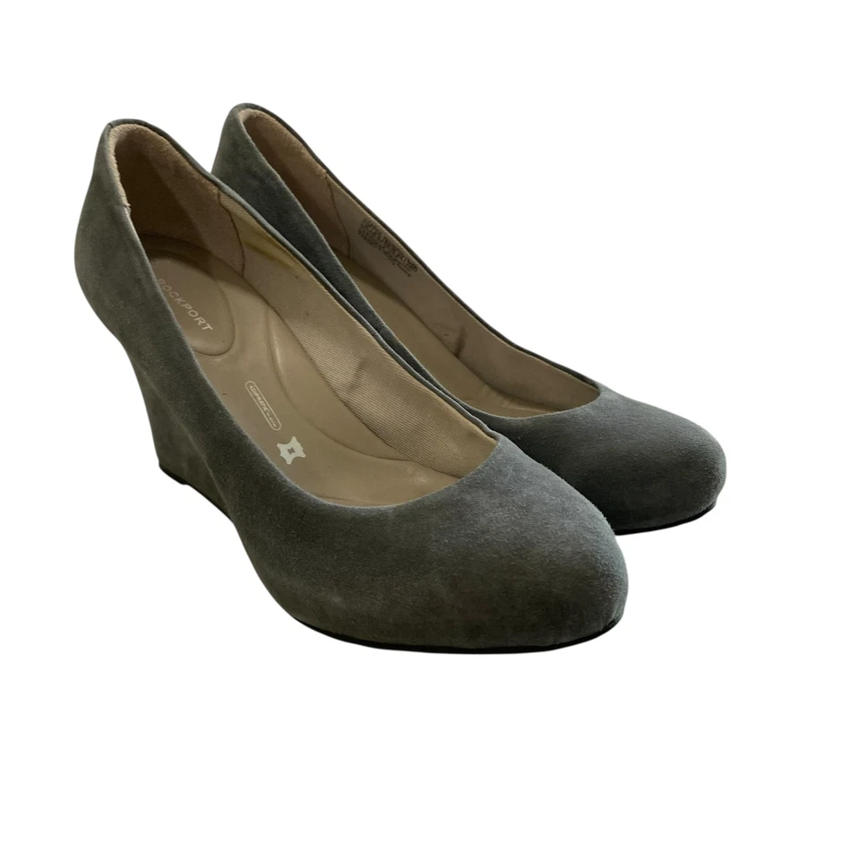 Saltos anabela femininos Rockport couro camurça cinza 8 escritório carreira minimalista - Imagem 1 de 4