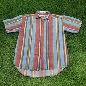 Vintage MOD Striped Denim Button Shirt Medium 22x29 Baggy Vertical-Stripes - Picture 1 of 13
