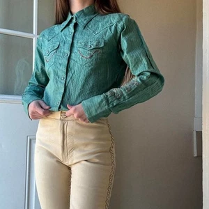 Vintage Wrangler Blue Rhinestone Western Button Down Small Cowgirl Rodeo Queen - Picture 1 of 8