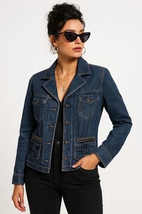 Old Navy Size XL Double-Pocket Zipper Dark Wash Denim Jacket Detail Medium Wash - Picture 1 of 12