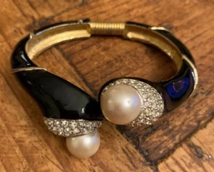 Gold Tone Black Enamel, Rhinestones, & Pearl Hinged Bracelet: KJL Kenneth Lane - Picture 1 of 8