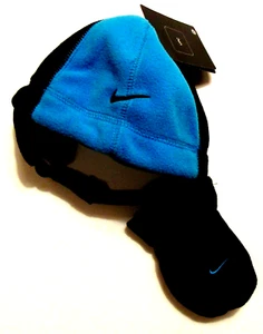 NWT INFANT BOYS NIKE BLACK & BLUE FLEECE EARFLAP HAT & MITTENS  SIZE 12-24 MO  - Picture 1 of 1