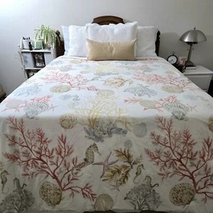POTTERY BARN DUVET ATLANTIC SEASHELLS CORAL STARFISH SEAHORSE QUEEN 100% COTTON - Picture 1 of 9