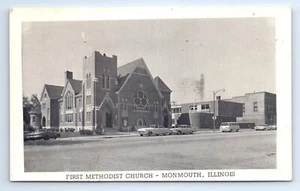 Monmouth, Illinois IL Erste Methodistische Kirche E. Broadway Straße Postkarte um 1950 - Bild 1 von 2
