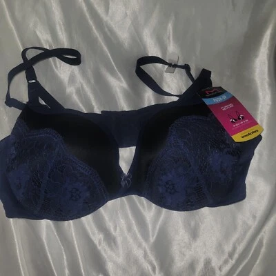 Sujetador Maidenform Wonderbra, escote push up, talla 38 B, satinado y encaje azul marino Foto 1 de 4