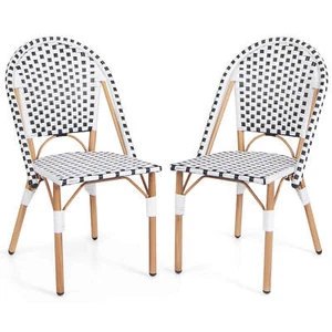 French Bistro Chair Set of 2 w/ Hand-woven Rattan Galvanized Metal Frame Outdoor - Picture 1 of 8