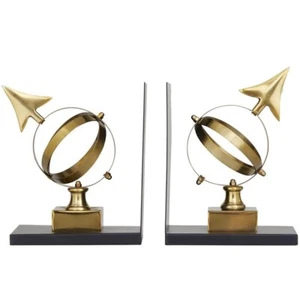 Gold Bookends Pair Armillary Globe Metal Bookshelf Decor Wooden Bookend Nautical - Picture 1 of 4