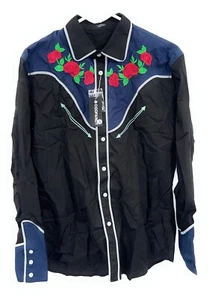 COOFANDY Men's Western Pockets Floral Embroidered Roses Shirt Sz M Black - Picture 1 of 4