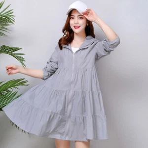 Women Hooded Dust Coat Loose Midi Windbreaker Casual Zip Jacket Summer Thin Coat - Picture 1 of 15