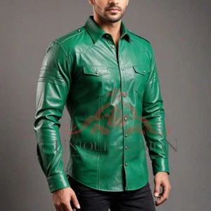 Men's Real Soft Green Leather Shirt Long Sleeve Front Pocket Shirt Slim Fit - Bild 1 von 2