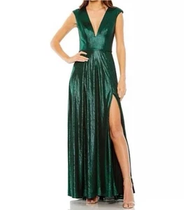 Maxi Vestido/Vestido Mac Duggal Verde Profundo Escote en V Metálico (Talla 8) - Imagen 1 de 10
