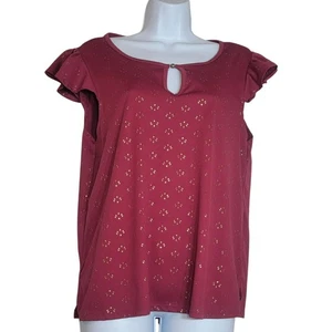Top Alex & Parker, Mujer L, Rojo con Estampado Geométrico Dorado, Gorra Manga Volantes, Usado en Excelente Condición - Imagen 1 de 12