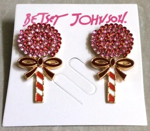 Betsey Johnson Pink & Red Crystal Lollipops Pierced Stud Earrings New Beauties! - Picture 1 of 2