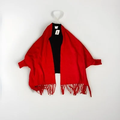 Crosstree Lane Red Luxurious Fringe Ends Cape Poncho Wrap W/Cropped Sleeves NWT - Image 1 of 4