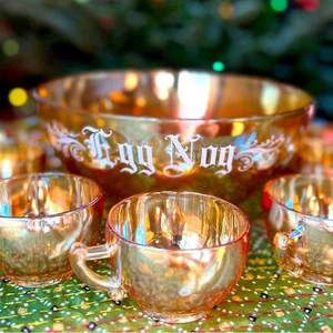 1950s Jeanette Glass Marigold Carnival Glass Egg Nog Punch Bowl and Cup Set - Picture 1 of 10