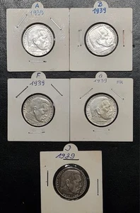 2 Reichsmark Hindenburg 1939 A, B, F, G u. D Silber - Bild 1 von 7