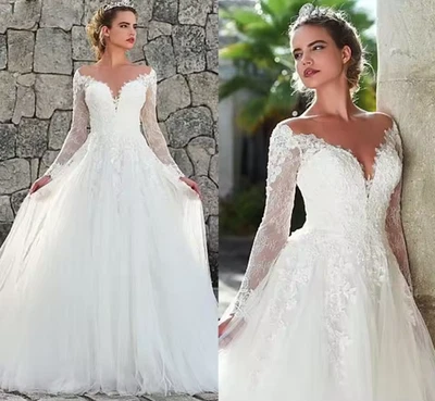 Long Sleeves Wedding Dresses Lace Appliques Tulle Wedding Gowns A-Line Sheer - Image 1 of 4
